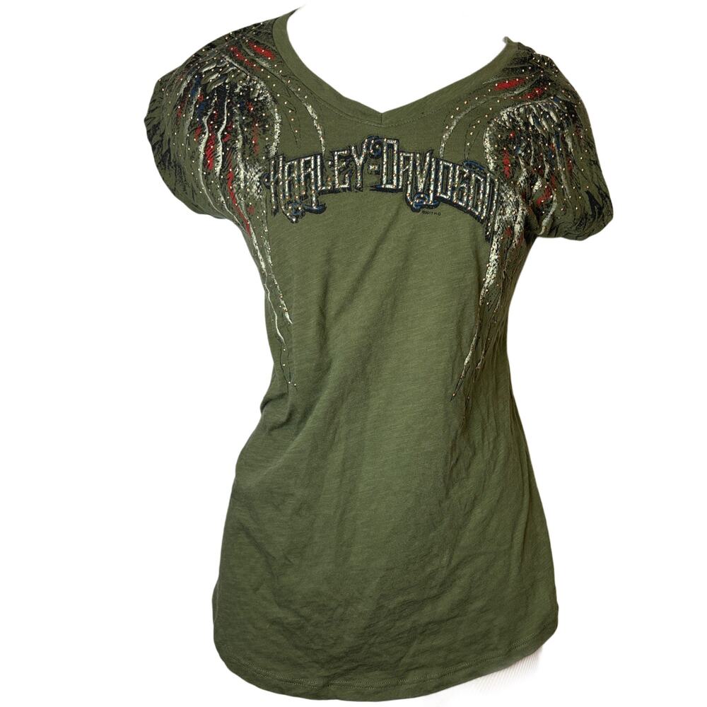 Harley Davidson Womens Shirt Olive Green Rhinestone Studded Wings M